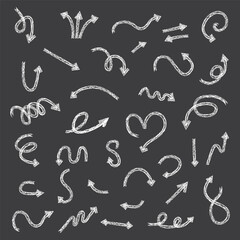 Chalk scribble arrows set. Collection of handdrawn crayon line elements.