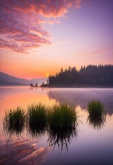 Fototapeta premium tranquil sunrise over misty lake soft reflections golden light gentle ripples water surface, aerial, ambiance, aquatic, atmosphere, beautiful, bluelake