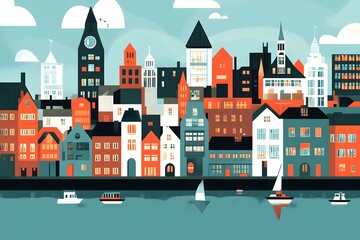 Colorful Cityscape Illustration with Boats on the River
