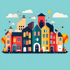 Colorful Illustration of a Cityscape with Houses and Clouds