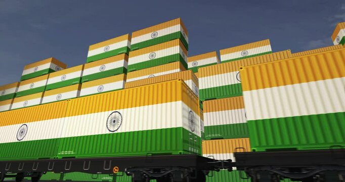 India export production and import containers on a freight wagons loop. Business concept of railway train transport and shipping with a Indian flag. 3D loopable and seamless animation.