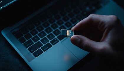 A hand holding a flash drive next to a laptop   emphasizing technology and data security