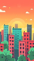 Fototapeta premium Cityscape Sunset Illustration with Tall Buildings and Green Trees