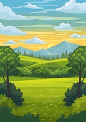 Green Meadow Landscape With Mountains In The Background