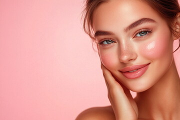Fototapeta premium Skincare and beauty portrait. A Caucasian woman with beautiful face touching healthy facial skin. Young adult smiling girl model with natural makeup touching glowing hydrated skin on pink background. 
