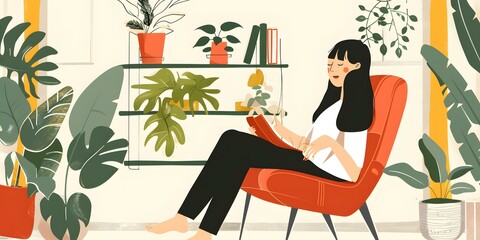 Woman Relaxing in a Comfortable Chair in a Home Setting With Plants