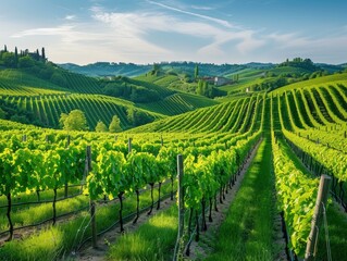 Fototapeta premium Rolling hills covered in lush vineyards. AI.