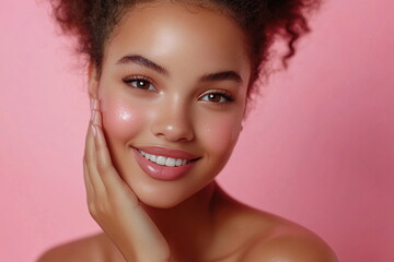 Skincare and beauty portrait. An African woman with beautiful face touching healthy facial skin. Young adult smiling girl model with natural makeup touching glowing hydrated skin on pink background. 