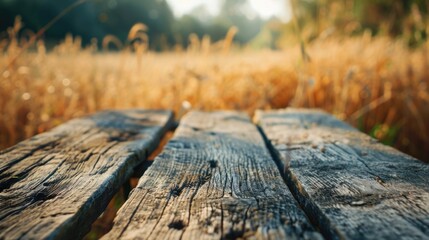 Fototapeta premium Rustic Wooden Table Background with Blurred Countryside Colors. Agriculture and Nature Concept for Bakery and Display