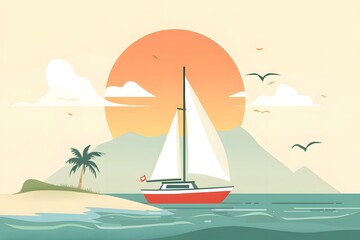 Naklejka premium Sunset Sailboat on Ocean with Palm Tree