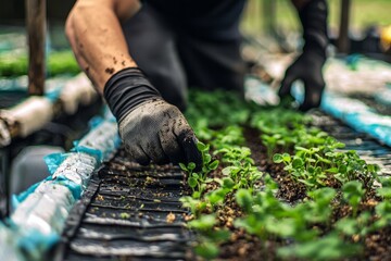 Hydroponic nursery with seedlings growing in a deep water culture system. Farmer transplanting young plants, Generative AI