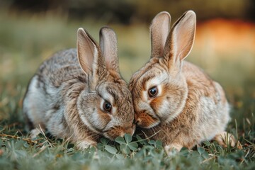 Fototapeta premium Two rabbits nose to nose in the grass. AI.