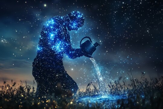 Stunning digital art of aquarius  a blue man pouring water under a starry night sky
