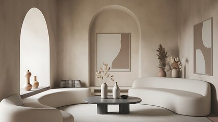 A serene and stylish living room featuring a modern white sectional sofa, elegant decor, and natural lighting, creating a warm and inviting atmosphere ideal for relaxation.