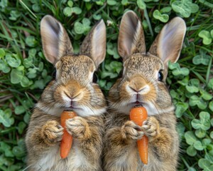 Obraz premium Two bunnies enjoying a carrot snack. AI.