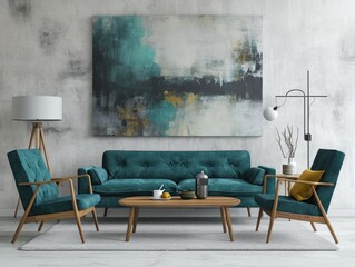 Scandinavian Style Living Room with Teal Sofa, Chairs, and Art Poster Against White Wall
