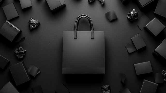 Top view of a black paper bag on a black background, flat vector style, perfect for Black Friday invitation designs.
