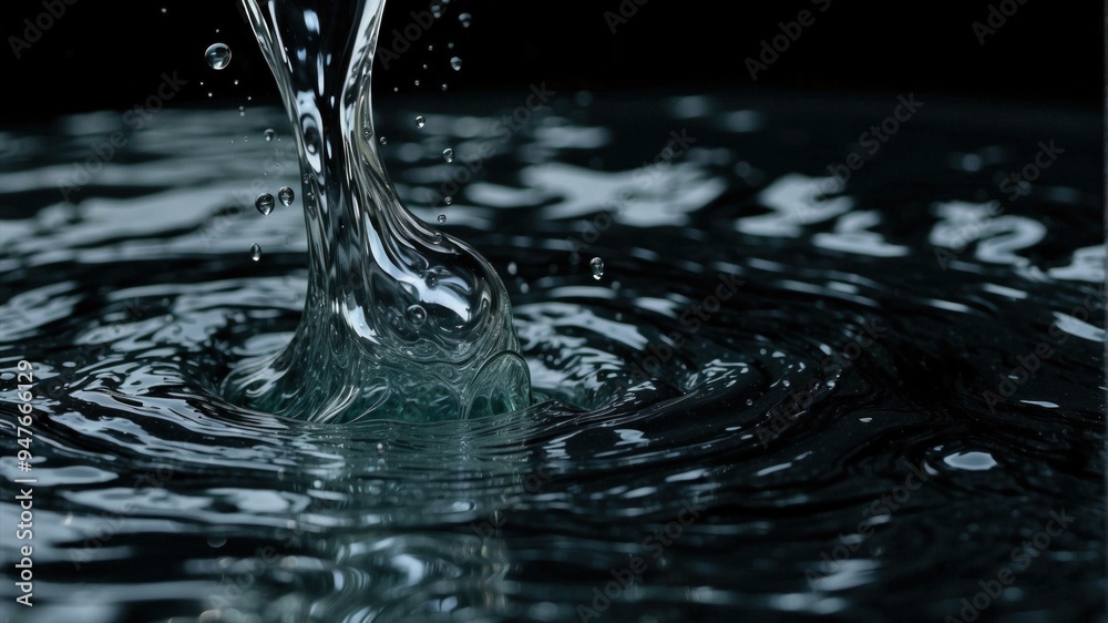 Poster Water droplets falling into a pool of water. AI.