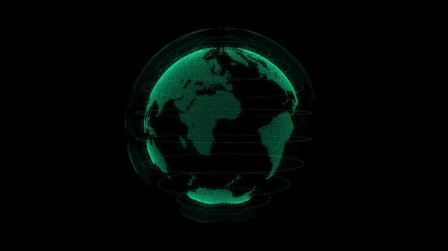 Slow speedy moving pixel art realistic 3d looping earth. Dark green digital world globe earth spinning center. Abstract green plexus world map on black background. Globe sphere with green pixel dot. 