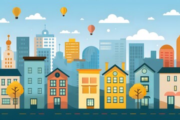 Cityscape with Hot Air Balloons in the Sky Illustration