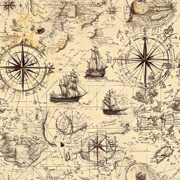 Seamless pattern of vintage exploration maps with hand-drawn annotations