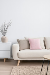 Minimalist living room interiors with a sofa, a rug and elegant decor next to a large window. Residential Real Estate interior design in soft tones.