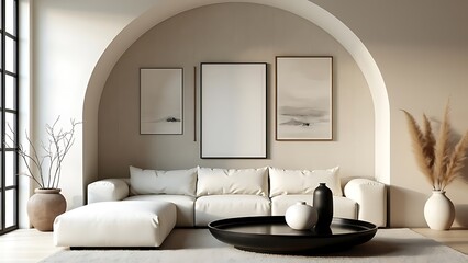 A serene and stylish living room featuring a modern white sectional sofa, elegant decor, and natural lighting, creating a warm and inviting atmosphere ideal for relaxation.