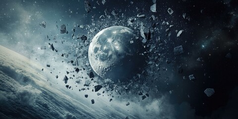 Naklejka premium A planet breaking apart in space.