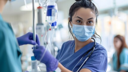 Nurse checking IV line for patient