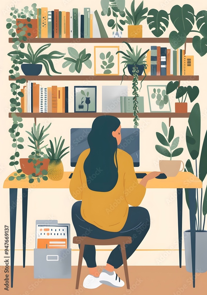 Poster Woman Working From Home with Plants