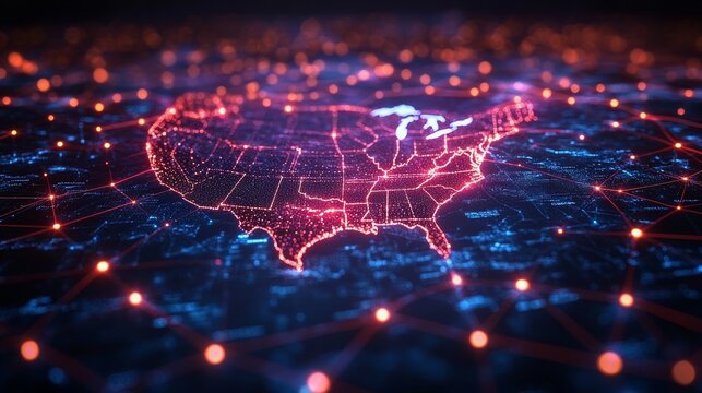 Vibrant animation of the American flag over a digital map of the U.S