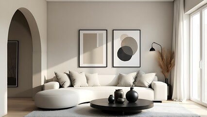 A serene and stylish living room featuring a modern white sectional sofa, elegant decor, and natural lighting, creating a warm and inviting atmosphere ideal for relaxation.