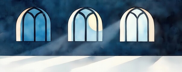Gothic windows, moonlight streaming, casting shadows, Watercolor style