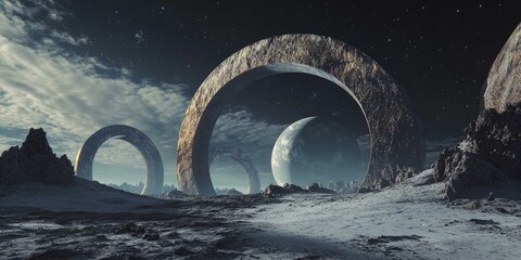 Fototapeta premium Alien landscape with archways and a planet.