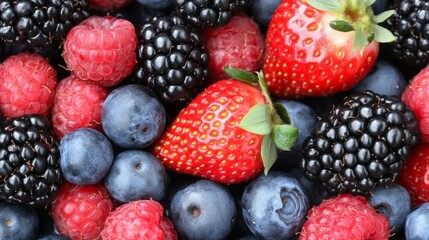 Vibrant Mix of Fresh Berries: Strawberries, Blueberries, Raspberries, and Blackberries. Background