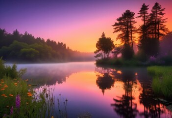 Obraz premium vibrant sunrise colors reflected calm lake surrounded tranquility, reflection, nature, water, sky, clouds, landscape, beauty, scenery, dawn, light, view