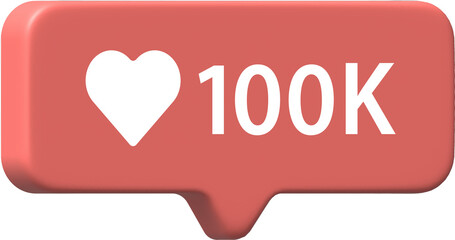 3d Like and love icon button. Heart flat icon in modern 3d speech bubble shapes. 100K likes.