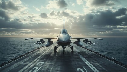 F 16 jet landing on aircraft carrier in ocean     military aviation concept in 3d rendering