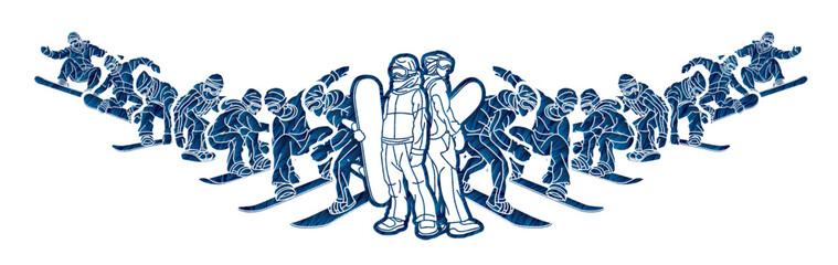 Group of  Snowboard Players Snowboarder Mix Action Cartoon Sport Graphic Vector