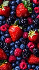 Fototapeta premium Vibrant Mix of Fresh Berries: Strawberries, Blueberries, Raspberries, and Blackberries. Background