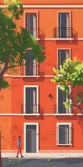 Naklejka premium Orange Building with Balconies and a Man Walking