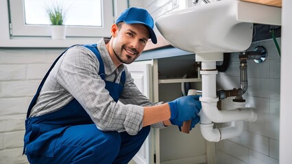 Smiling plumber in uniform fixing a sink in a bright, modern kitchen with plumbing tools by his side