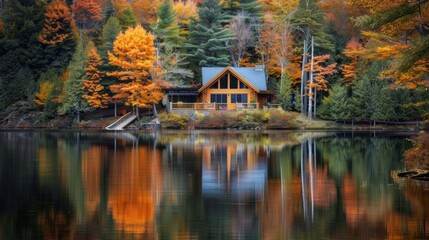 Autumn lake with colorful trees and wooden house reflecting in water.