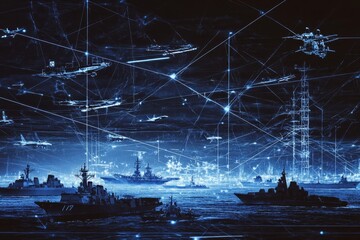 Showcasing modern military assets  fighter jets, ships, satellites, and data connections