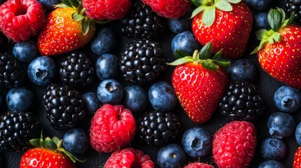 Obraz premium Vibrant Mix of Fresh Berries: Strawberries, Blueberries, Raspberries, and Blackberries. Background