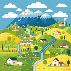 Fototapeta premium Mountain Landscape Illustration with Village and Houses