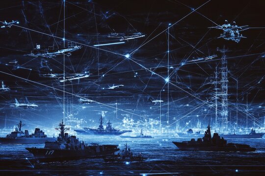 Showcasing modern military assets  fighter jets, ships, satellites, and data connections