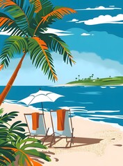 Obraz premium Palm Tree Beach Illustration with Chairs and Umbrella