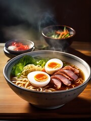 Delicious Japanese Ramen with chicken, Mushrooms, Eggs, noodles, meat in bowl