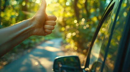 Hand Giving Thumbs Up From Car Window with Green Trees and Sunlight in Background. Positive Vibes, Summer Travel, Adventure, Road Trip Concept 